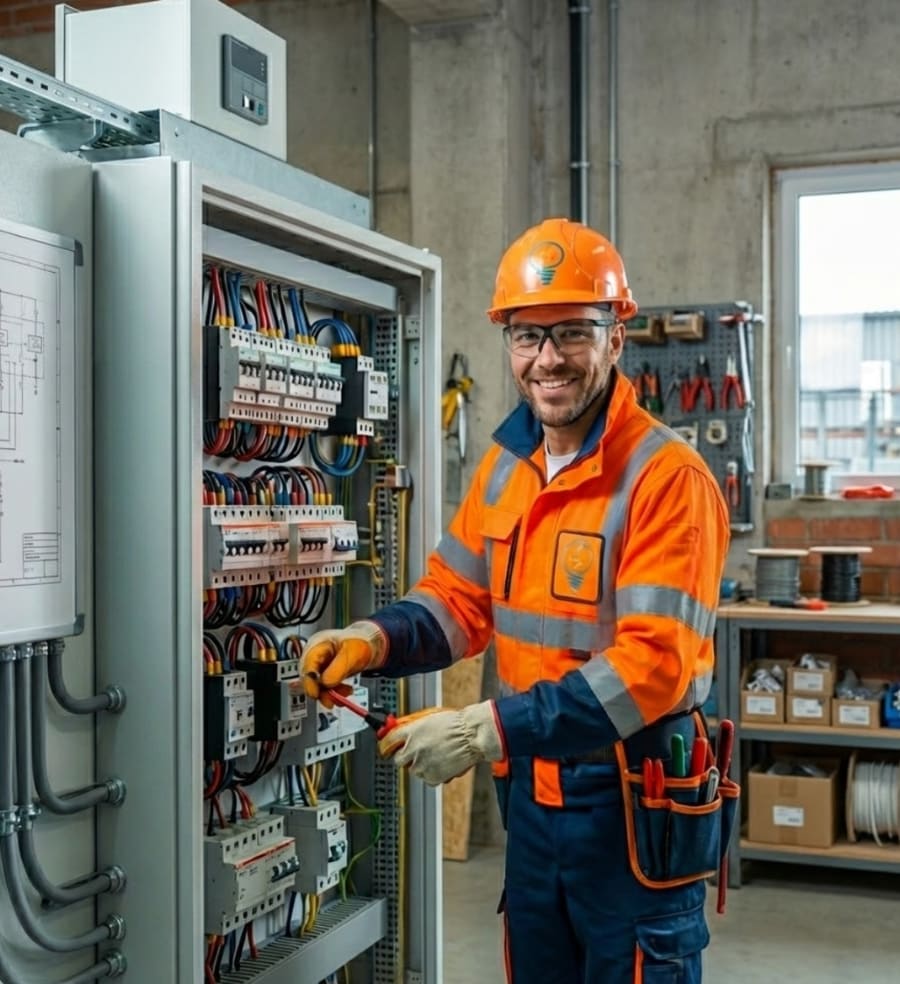 Técnico certificado SEC de ECOVOLTENERGY realizando una instalación eléctrica