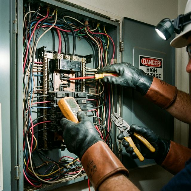 Electricista revisando un tablero eléctrico en una emergencia
